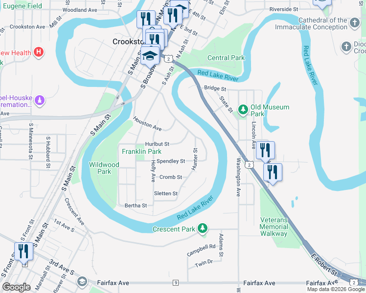 map of restaurants, bars, coffee shops, grocery stores, and more near 502 Hunter Street in Crookston
