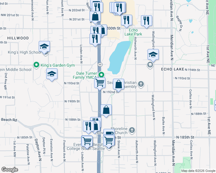 map of restaurants, bars, coffee shops, grocery stores, and more near 1140 North 192nd Street in Shoreline