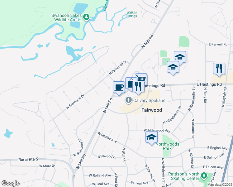 map of restaurants, bars, coffee shops, grocery stores, and more near 1208 West Candlewood Court in Spokane