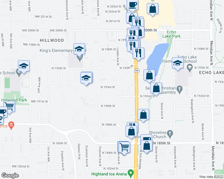 map of restaurants, bars, coffee shops, grocery stores, and more near 735 North 193rd Street in Shoreline
