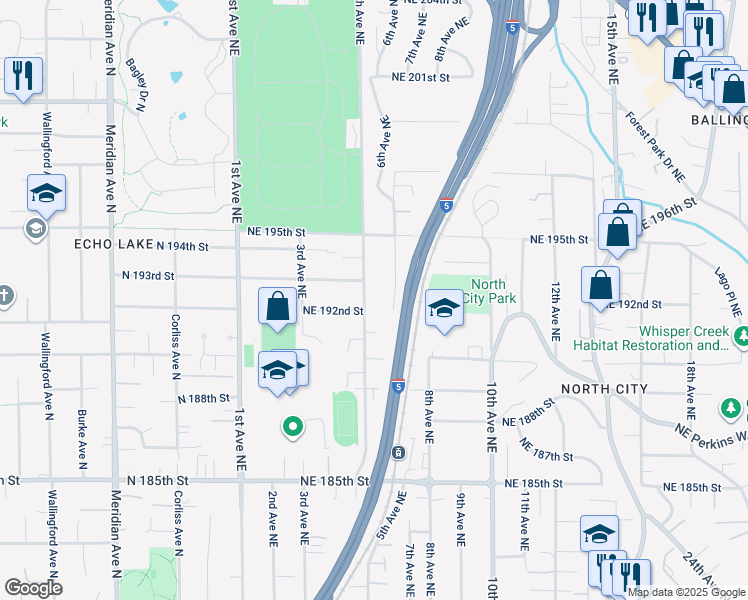 map of restaurants, bars, coffee shops, grocery stores, and more near 19135 7th Avenue Northeast in Shoreline