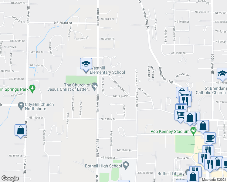 map of restaurants, bars, coffee shops, grocery stores, and more near 19218 90th Place Northeast in Bothell