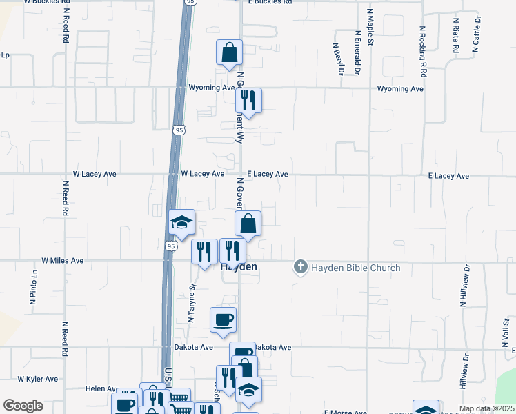 map of restaurants, bars, coffee shops, grocery stores, and more near 10667 Spoor Lane in Hayden