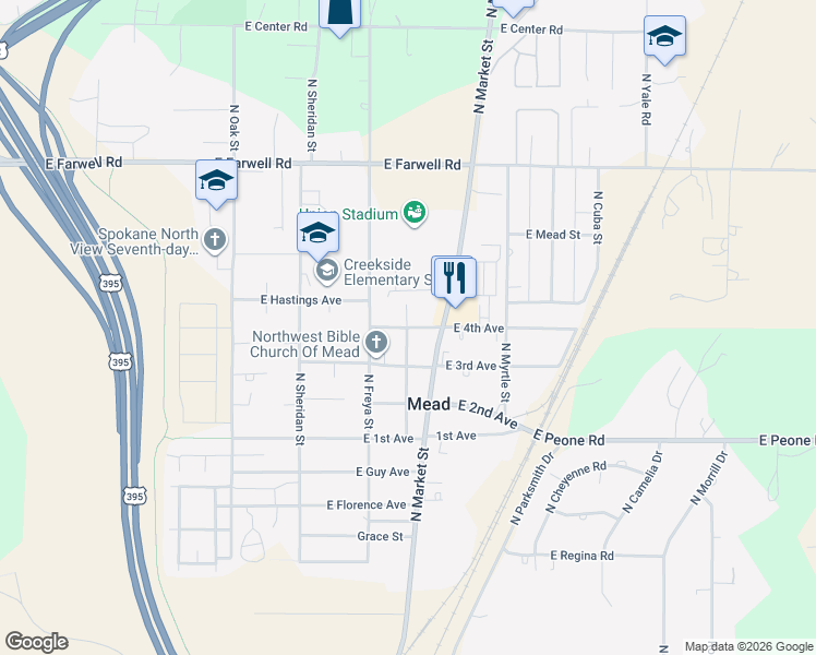 map of restaurants, bars, coffee shops, grocery stores, and more near 12318 North Main Street in Mead