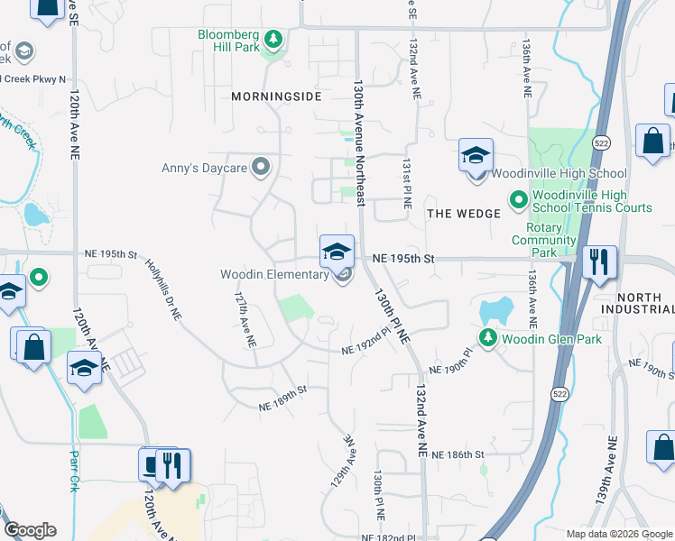 map of restaurants, bars, coffee shops, grocery stores, and more near 12939 Northeast 195th Place in Bothell