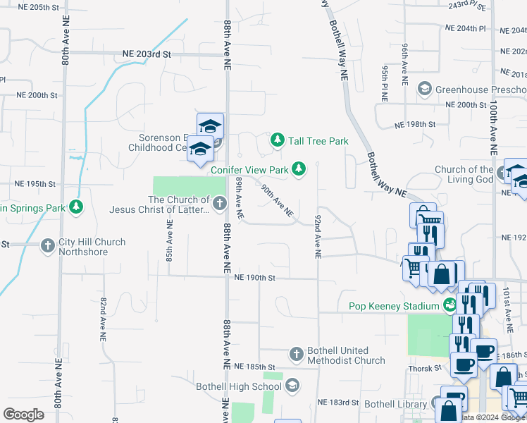 map of restaurants, bars, coffee shops, grocery stores, and more near 19218 90th Place Northeast in Bothell