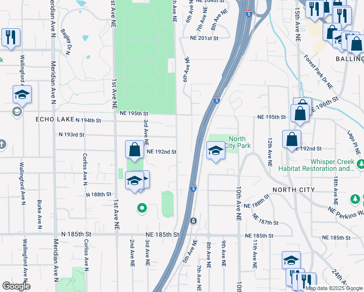 map of restaurants, bars, coffee shops, grocery stores, and more near 19135 7th Avenue Northeast in Shoreline