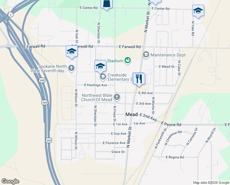 map of restaurants, bars, coffee shops, grocery stores, and more near 12211 North Freya Street in Spokane