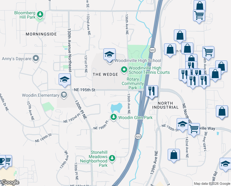 map of restaurants, bars, coffee shops, grocery stores, and more near 13416 Little Bear Creek Place in Woodinville