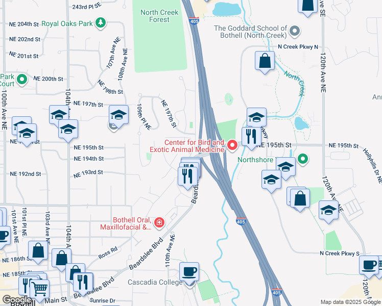 map of restaurants, bars, coffee shops, grocery stores, and more near 11109 Northeast 196th Street in Bothell