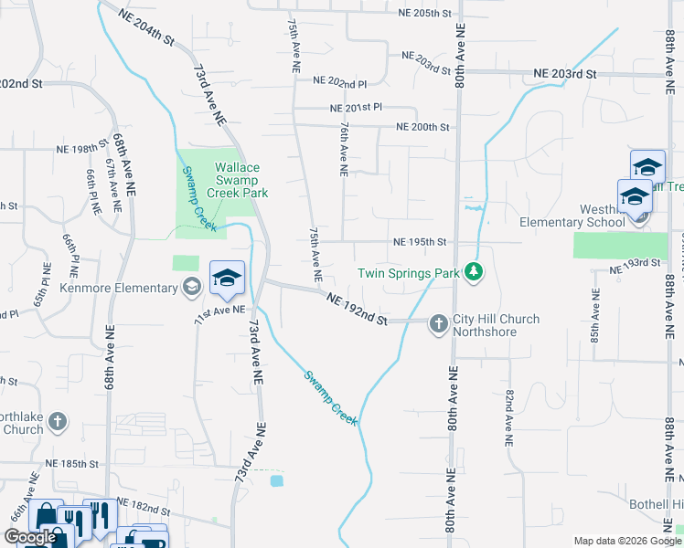 map of restaurants, bars, coffee shops, grocery stores, and more near 19428 76th Court Northeast in Kenmore