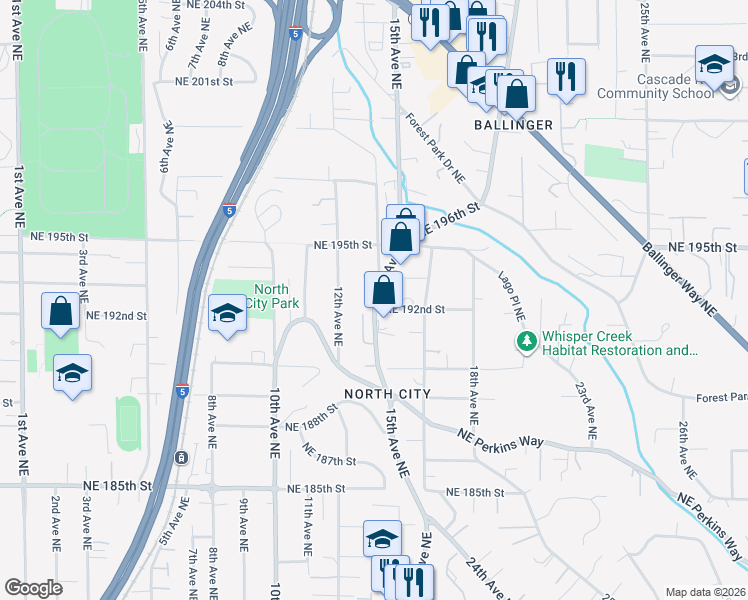 map of restaurants, bars, coffee shops, grocery stores, and more near 19223 15th Avenue Northeast in Shoreline
