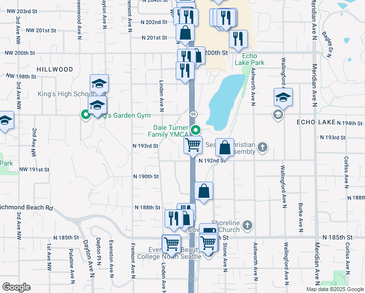 map of restaurants, bars, coffee shops, grocery stores, and more near 19342 Firlands Way North in Shoreline