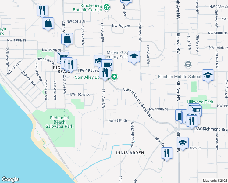 map of restaurants, bars, coffee shops, grocery stores, and more near 1431 Northwest Richmond Beach Road in Shoreline