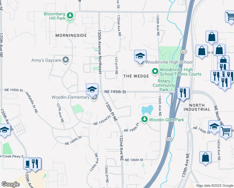 map of restaurants, bars, coffee shops, grocery stores, and more near 13125 Northeast 195th Street in Woodinville
