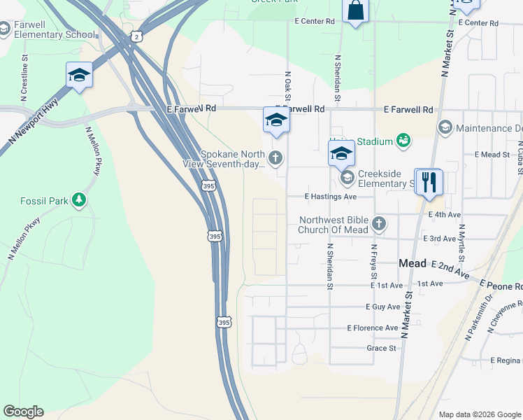 map of restaurants, bars, coffee shops, grocery stores, and more near 12405 North Wilson Street in Mead