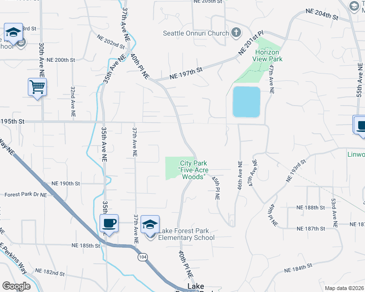 map of restaurants, bars, coffee shops, grocery stores, and more near 19050 40th Place Northeast in Lake Forest Park