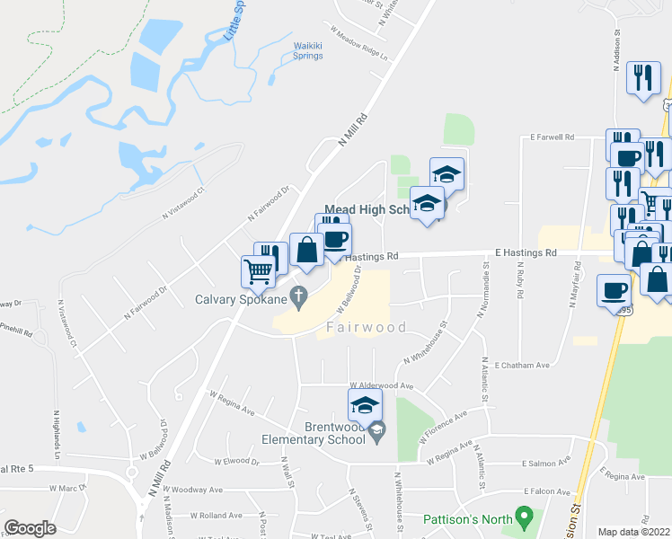 map of restaurants, bars, coffee shops, grocery stores, and more near 319 West Hastings Road in Spokane