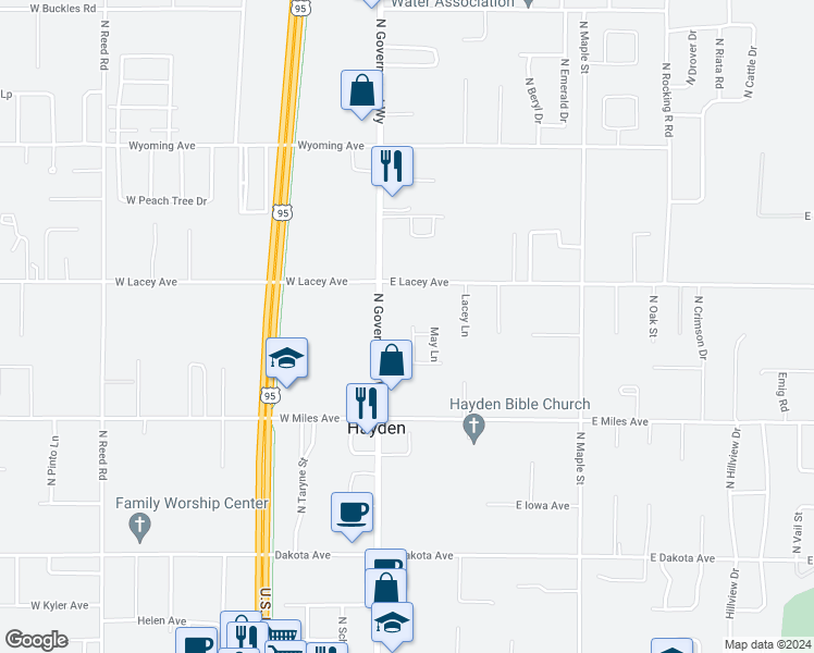 map of restaurants, bars, coffee shops, grocery stores, and more near 10667 Spoor Lane in Hayden