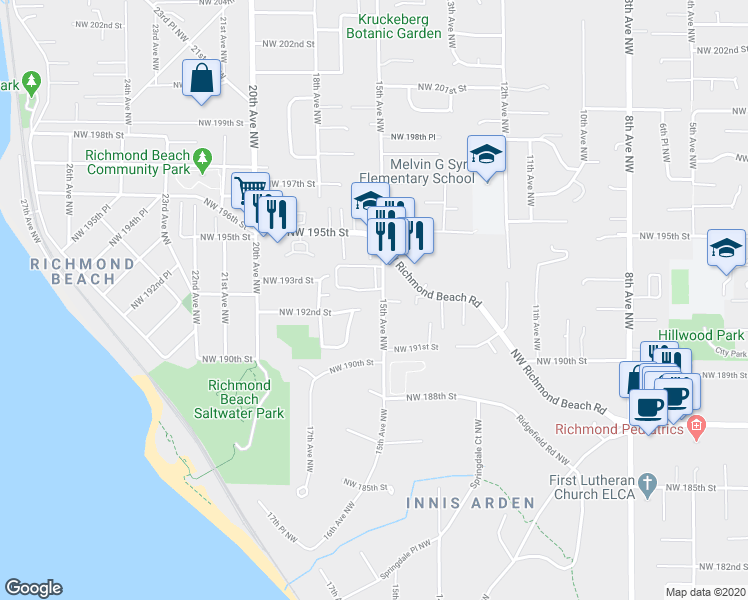 map of restaurants, bars, coffee shops, grocery stores, and more near 19211 15th Avenue Northwest in Shoreline