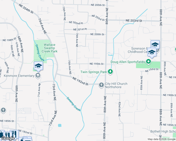 map of restaurants, bars, coffee shops, grocery stores, and more near 19429 77th Place Northeast in Kenmore