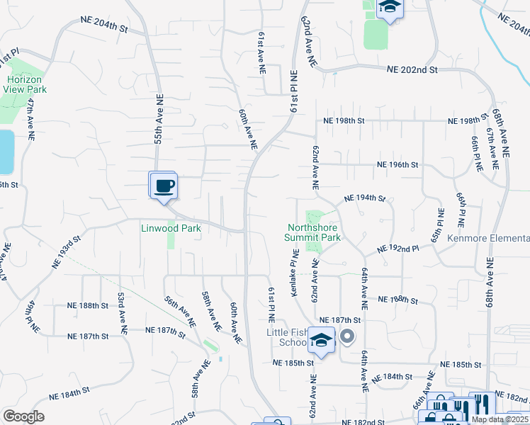 map of restaurants, bars, coffee shops, grocery stores, and more near 19312 61st Avenue Northeast in Kenmore