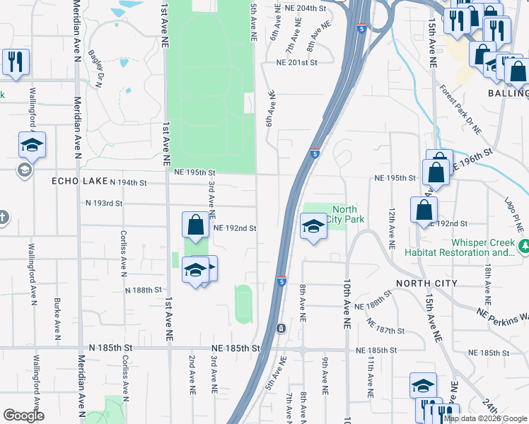 map of restaurants, bars, coffee shops, grocery stores, and more near 19135 7th Avenue Northeast in Shoreline