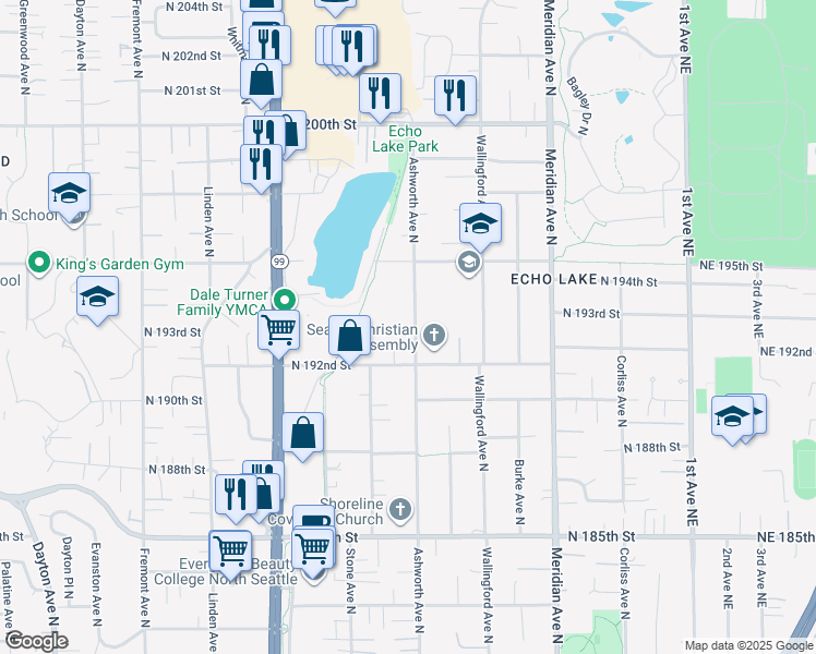map of restaurants, bars, coffee shops, grocery stores, and more near 19233 Ashworth Avenue North in Shoreline