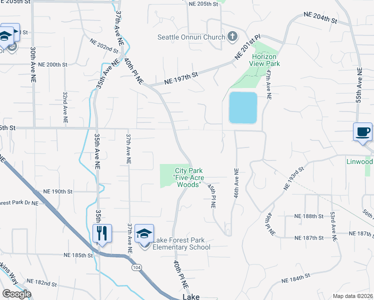 map of restaurants, bars, coffee shops, grocery stores, and more near 19050 40th Place Northeast in Lake Forest Park