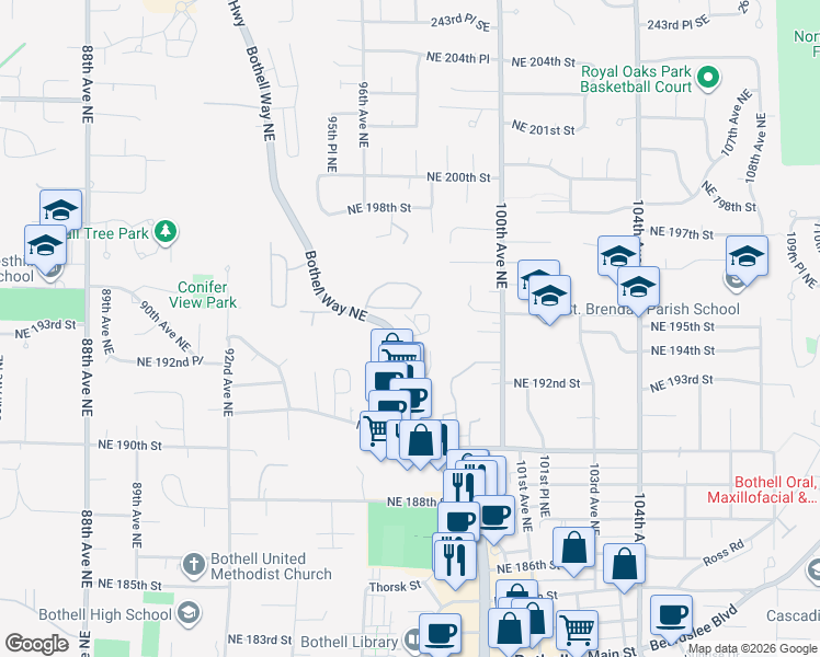 map of restaurants, bars, coffee shops, grocery stores, and more near 19404 Bothell Way Northeast in Bothell