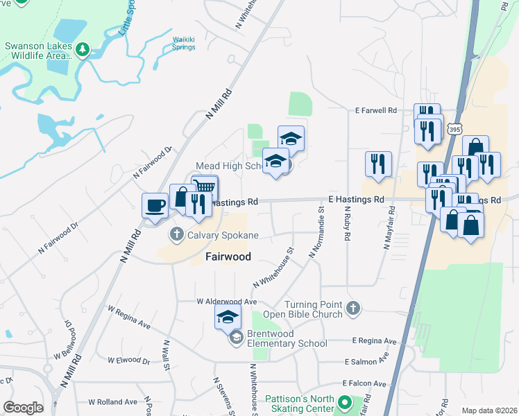 map of restaurants, bars, coffee shops, grocery stores, and more near 312 West Spruce Court in Spokane