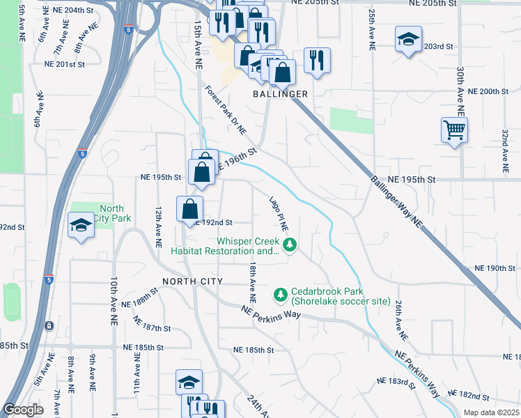 map of restaurants, bars, coffee shops, grocery stores, and more near 19218 18th Avenue Northeast in Shoreline