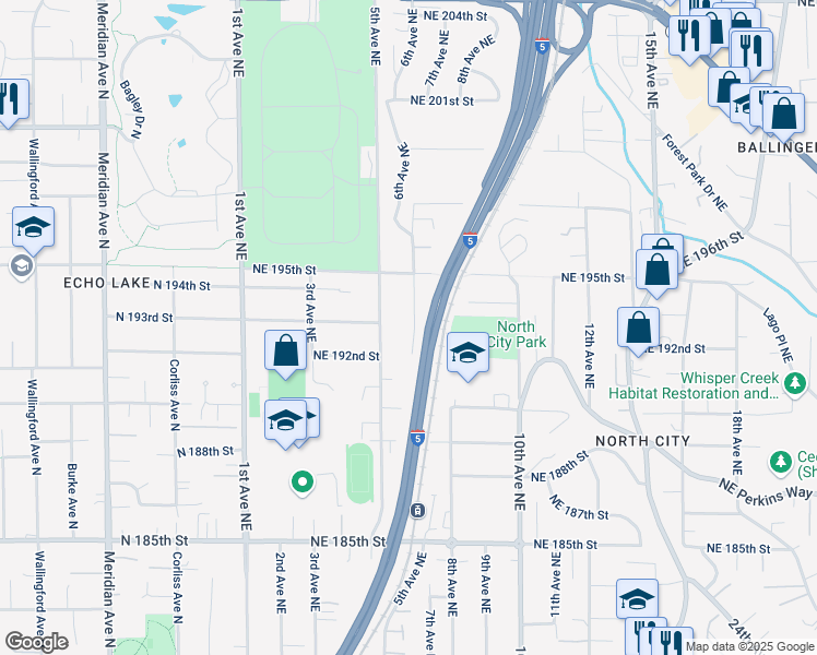 map of restaurants, bars, coffee shops, grocery stores, and more near 19135 7th Avenue Northeast in Shoreline
