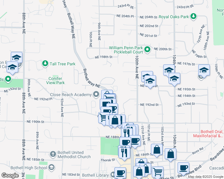 map of restaurants, bars, coffee shops, grocery stores, and more near 19418 Bothell Way Northeast in Bothell