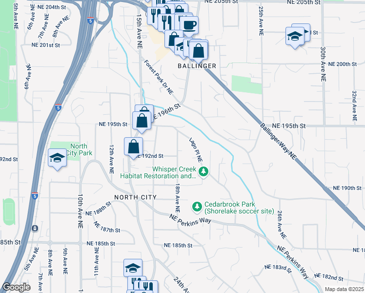 map of restaurants, bars, coffee shops, grocery stores, and more near 19218 18th Avenue Northeast in Shoreline
