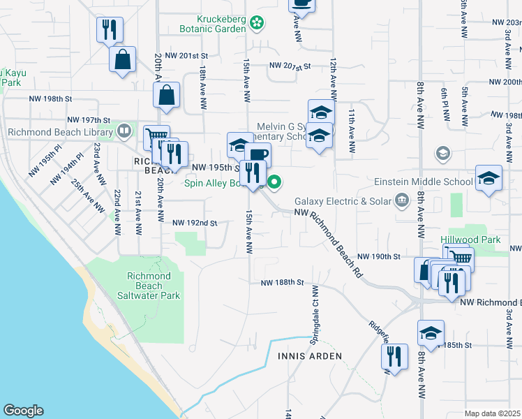 map of restaurants, bars, coffee shops, grocery stores, and more near 1431 Northwest Richmond Beach Road in Shoreline