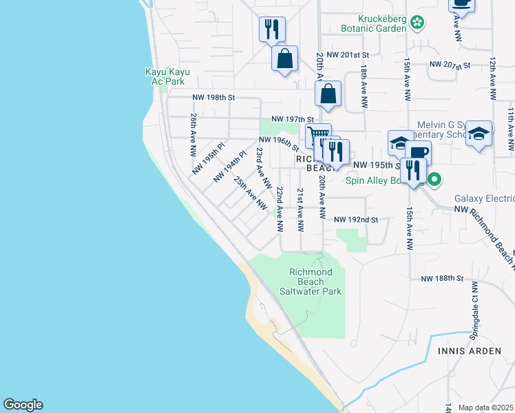 map of restaurants, bars, coffee shops, grocery stores, and more near 2503 Northwest 192nd Place in Shoreline