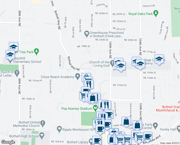 map of restaurants, bars, coffee shops, grocery stores, and more near 19404 Bothell Way Northeast in Bothell