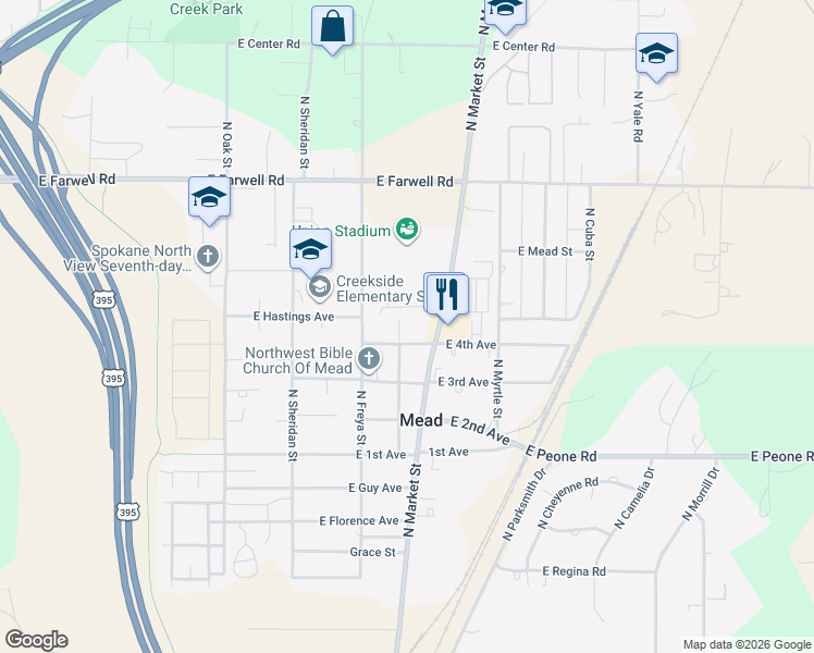 map of restaurants, bars, coffee shops, grocery stores, and more near 12318 North Main Street in Mead