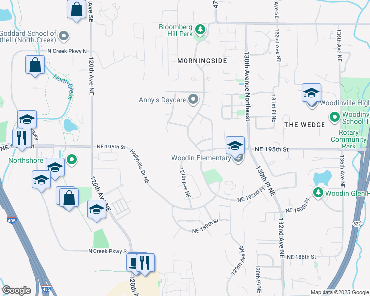 map of restaurants, bars, coffee shops, grocery stores, and more near 19408 127th Avenue Northeast in Bothell