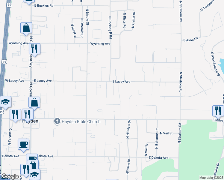 map of restaurants, bars, coffee shops, grocery stores, and more near 10675 North Log Arch Lane in Hayden