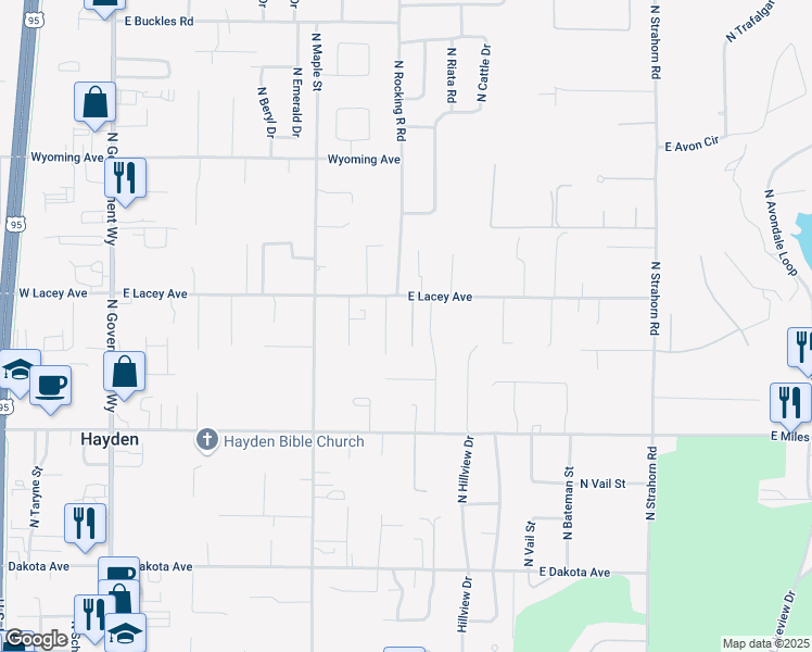 map of restaurants, bars, coffee shops, grocery stores, and more near 10675 North Log Arch Lane in Hayden