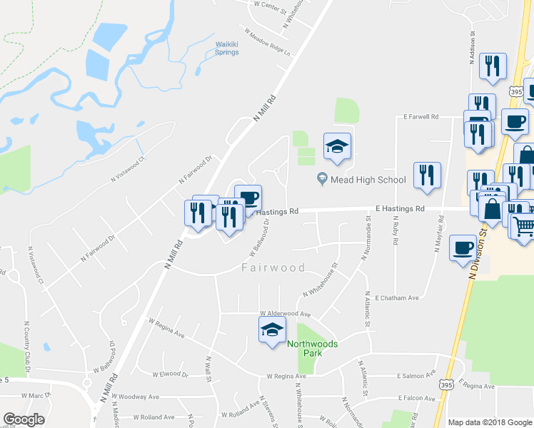 map of restaurants, bars, coffee shops, grocery stores, and more near 405 West Bellwood Drive in Spokane