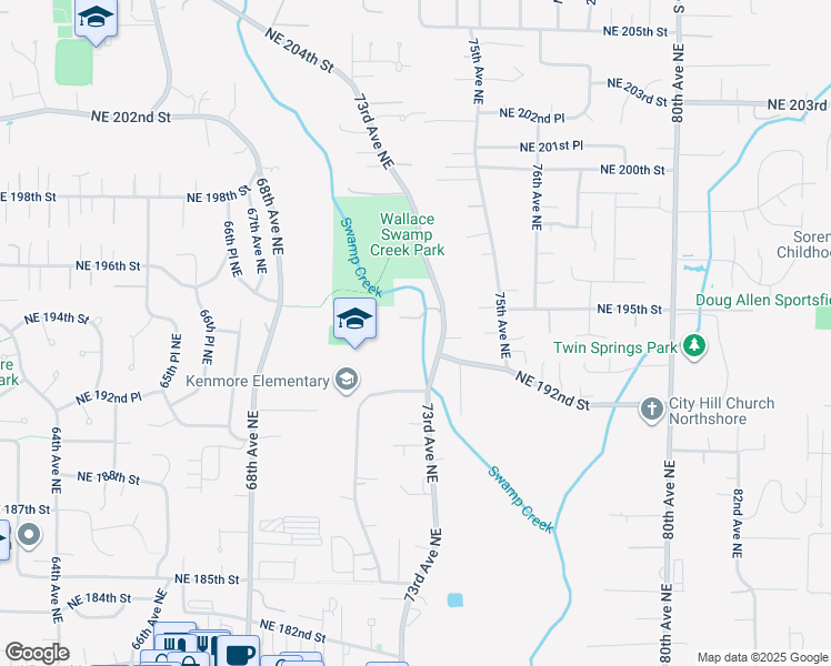 map of restaurants, bars, coffee shops, grocery stores, and more near 19235 73rd Avenue Northeast in Kenmore