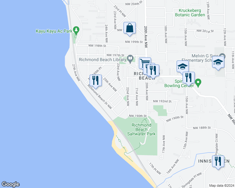 map of restaurants, bars, coffee shops, grocery stores, and more near 2503 Northwest 192nd Place in Shoreline