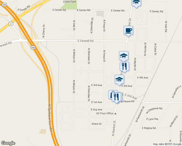 map of restaurants, bars, coffee shops, grocery stores, and more near 3510 East Hastings Avenue in Mead