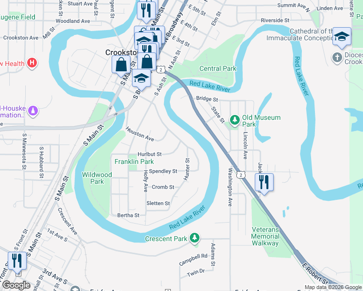 map of restaurants, bars, coffee shops, grocery stores, and more near 502 Hunter Street in Crookston