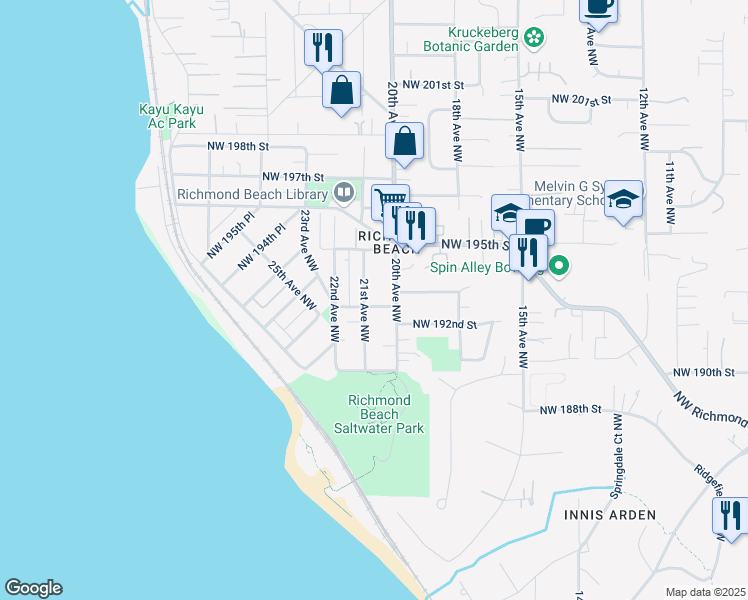 map of restaurants, bars, coffee shops, grocery stores, and more near 19304 21st Avenue Northwest in Shoreline