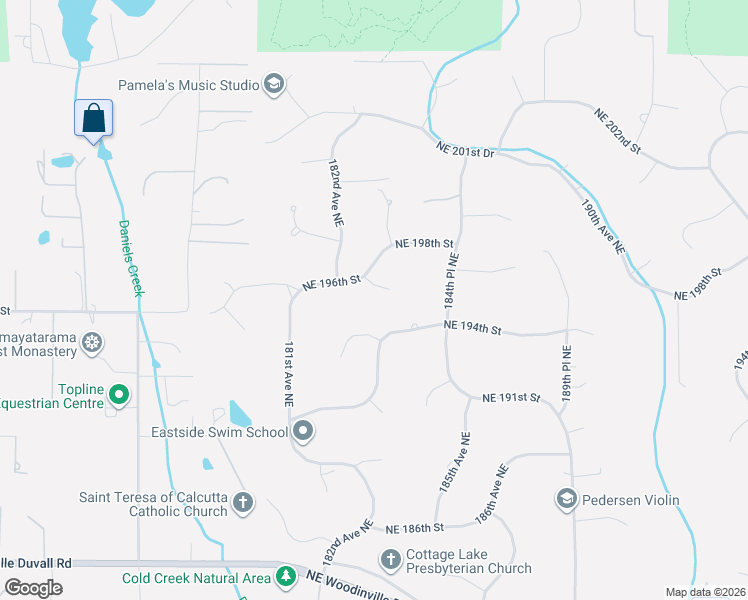 map of restaurants, bars, coffee shops, grocery stores, and more near 18235 Northeast 196th Court in Woodinville