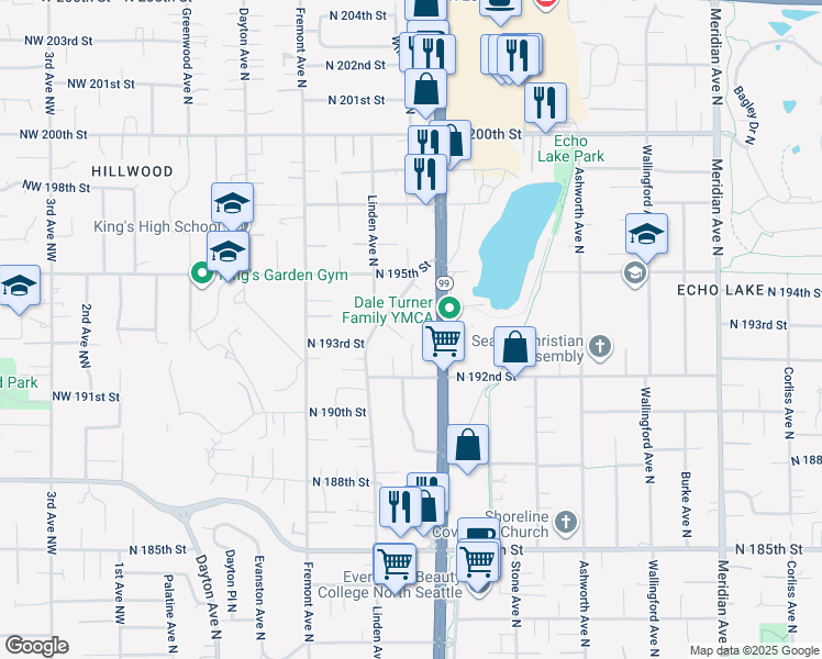 map of restaurants, bars, coffee shops, grocery stores, and more near 19342 Firlands Way North in Shoreline